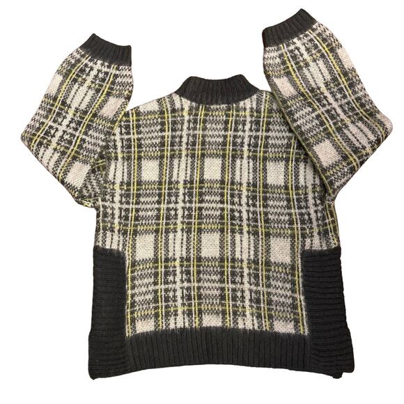 Nine west fuzzy, mock turtleneck sweater in yellow & gray plaid size large - Picture 8 of 11